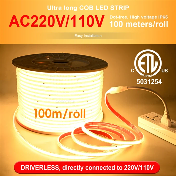 220V Gan Tiománaí Ip65 Ponc Uiscedhíonach 100m Rolla Stráice Solais faoi stiúir Cob
